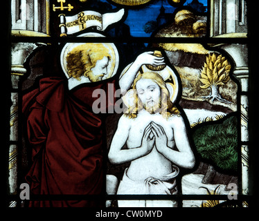 Christ`s baptism stained glass, St. Lawrence Church, Marston St. Lawrence, Northamptonshire, UK Stock Photo